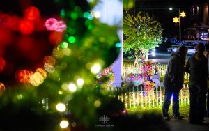 Holiday lights draped across small-town streets in Bryson City, creating a warm and inviting glow during the evening.